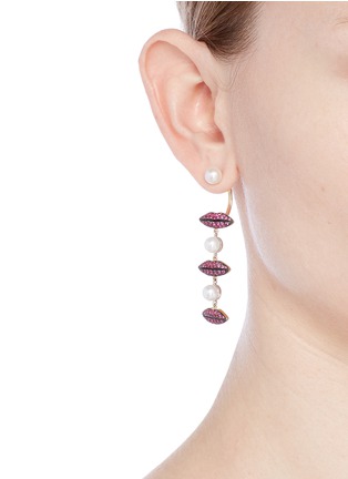 Figure View - Click To Enlarge - DELFINA DELETTREZ - 'Lips on Me Piercing' ruby pearl single drop earring