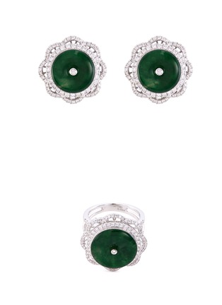 Main View - Click To Enlarge - LC COLLECTION JADE - Diamond jade 18k white gold floral ring and earrings set