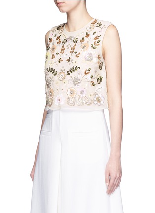 Front View - Click To Enlarge - NEEDLE & THREAD - 'Floral Cluster' embellished cropped chiffon top