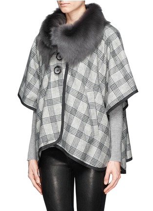Front View - Click To Enlarge - KARL DONOGHUE - Detachable shearling collar glen plaid lambswool poncho