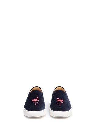 Front View - Click To Enlarge - BING XU - 'Tribeca' flamingo embroidered velvet skate slip-ons
