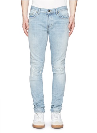 Detail View - Click To Enlarge - SAINT LAURENT - Repaired knee patch distressed skinny jeans