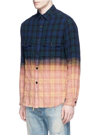 Front View - Click To Enlarge - SAINT LAURENT - Tie dye effect check distressed flannel shirt