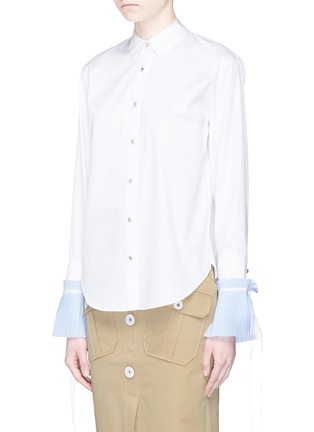 Front View - Click To Enlarge - COMME MOI - Detachable pleated stripe cuff cotton shirt