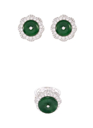 Main View - Click To Enlarge - LC COLLECTION JADE - Diamond jade 18k white gold disc floral ring and earrings set