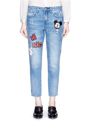 Detail View - Click To Enlarge - MO&CO. - Mickey Mouse badge embroidered patch cropped boyfriend jeans