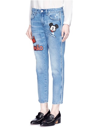 Front View - Click To Enlarge - MO&CO. - Mickey Mouse badge embroidered patch cropped boyfriend jeans