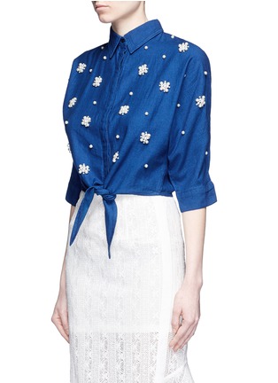 Front View - Click To Enlarge - MO&CO. - Faux pearl embellished tie front denim shirt