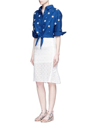 Figure View - Click To Enlarge - MO&CO. - Faux pearl embellished tie front denim shirt