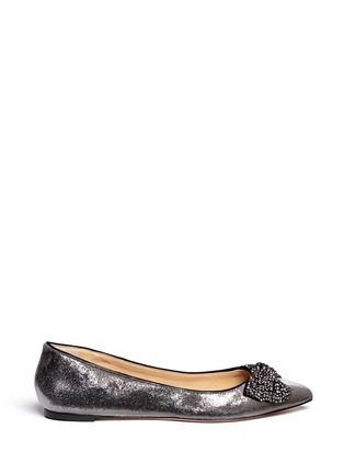 Main View - Click To Enlarge - TORY BURCH - 'Vanessa' rhinestone bow metallic cracked suede flats