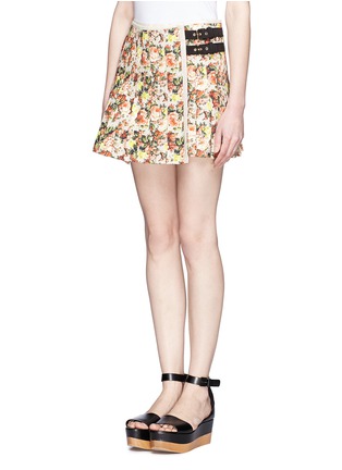 Front View - Click To Enlarge - MSGM - Flower print leather trim pleated canvas skirt