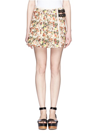 Main View - Click To Enlarge - MSGM - Flower print leather trim pleated canvas skirt