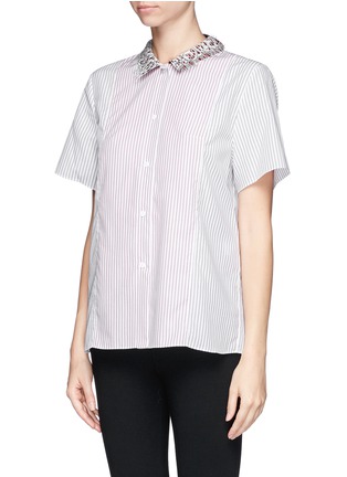 Front View - Click To Enlarge - CARVEN - Lace collar colourblock stripe poplin shirt