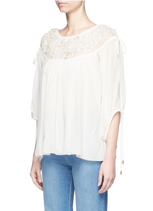 Front View - Click To Enlarge - CHLOÉ - Embroidered mesh drawstring yoke crépon blouse