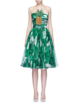 Main View - Click To Enlarge - - - Pineapple embellished banana leaf print strapless dress
