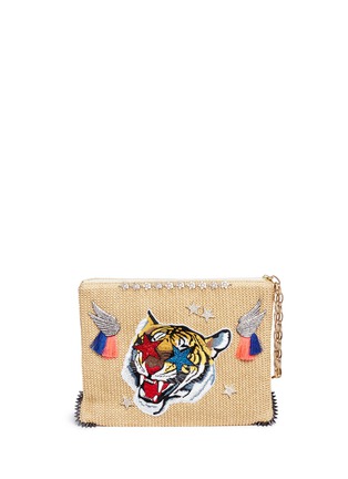 Main View - Click To Enlarge - VENNA - 'Lovely' tiger embroidered zircon raffia clutch