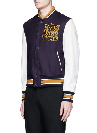 Front View - Click To Enlarge - ALEXANDER MCQUEEN - Logo patch leather sleeve varsity jacket