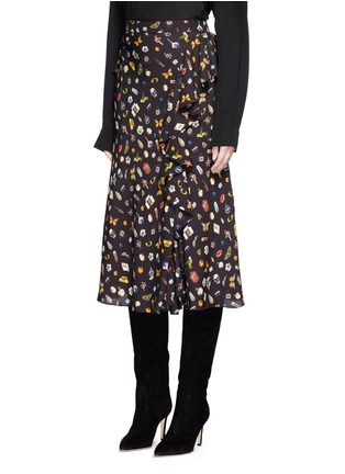 Front View - Click To Enlarge - ALEXANDER MCQUEEN - Obsession print asymmetric ruffle crepe skirt