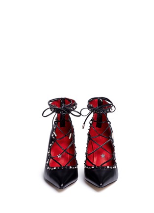 Front View - Click To Enlarge - PEDDER RED - 'Jess' grommet stud strass lace-up leather pumps