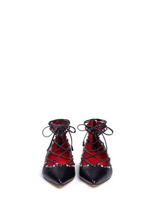 Front View - Click To Enlarge - PEDDER RED - Joey' grommet stud strass lace-up skimmer flats