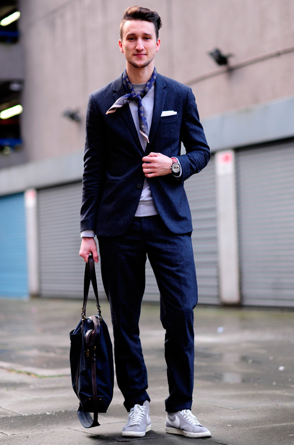 sneakers on suit